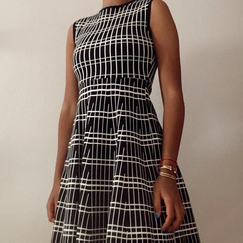 Zara Woman Women's Dress Size S Black White Grid Skater Structured Stretch Dress